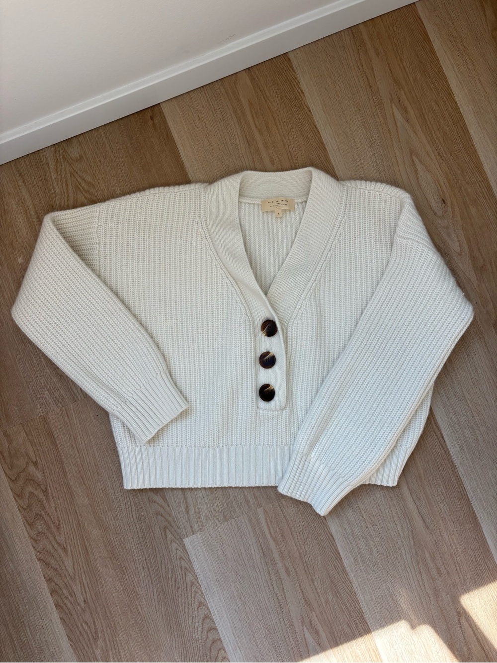 Sezane Cream V-Neck Button Ribbed Sweater - Picture 3 of 8